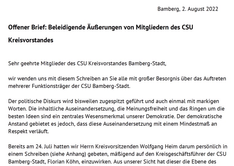 Offener Brief: Beleidigende Äußerungen von Mitgliedern des CSU Kreisvorstandes