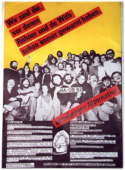 Wahlplakat mit einer großen Gruppe von Leuten. Text: "Wir sind die, vor denen Röhner und de With schon immer gewarnt haben. Bamberger Alternative"